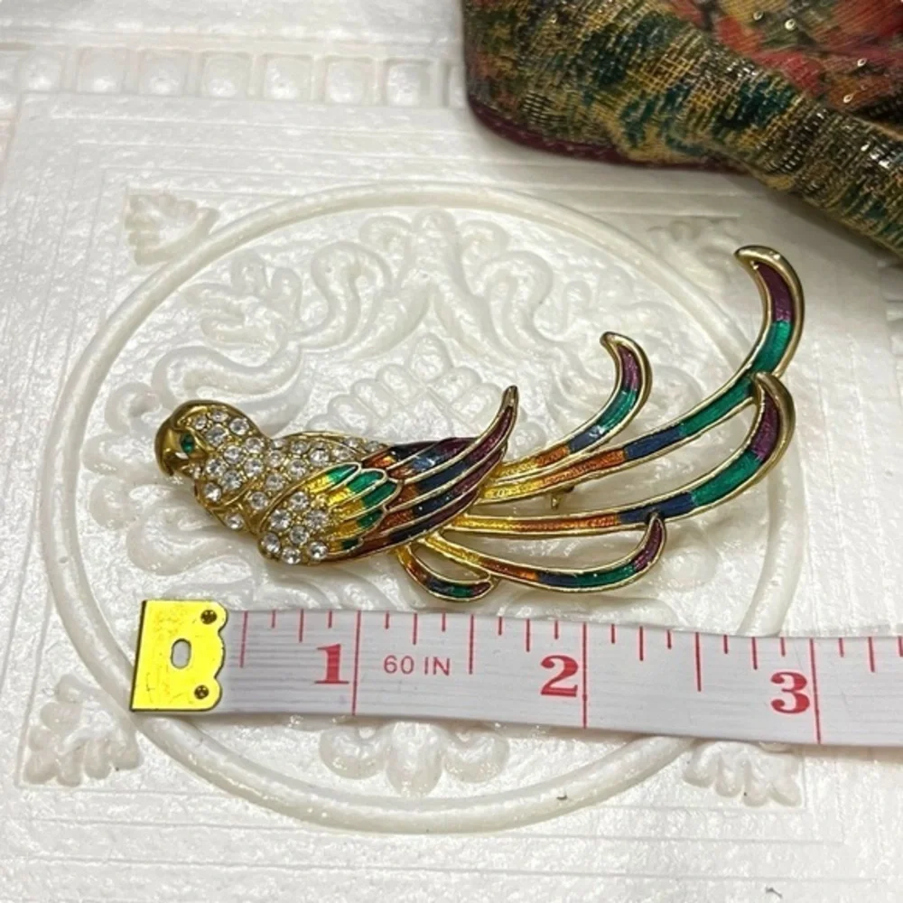 Large Bird‎ of Paradise Brooch Gold Tone Enamel Rhinestones Parrot Bird Colorful